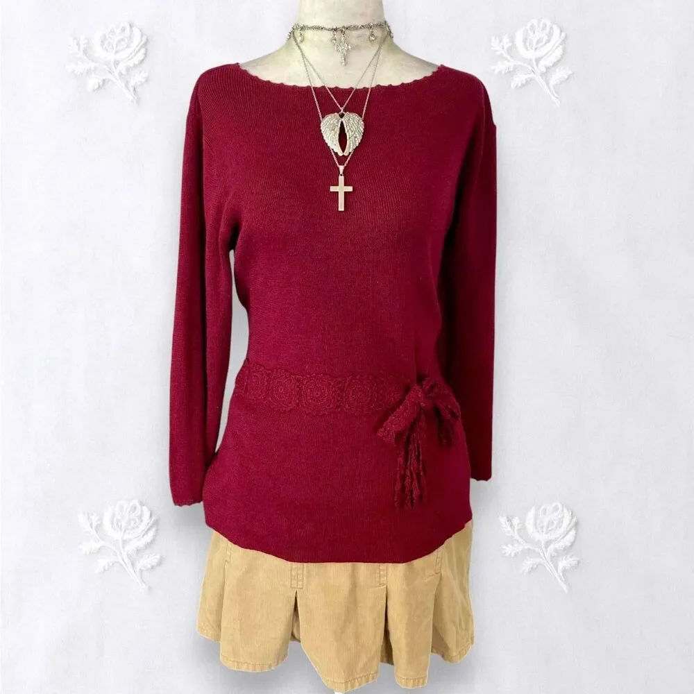 Sag Harbor Vintage Whimsygoth Burgundy Red Front Tie Knit Crochet Sweater S